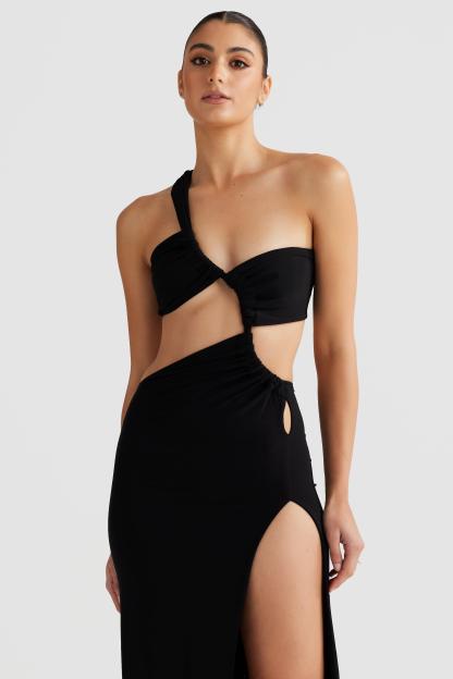 Asymmetrical Shirring Cut Out Midi Dress