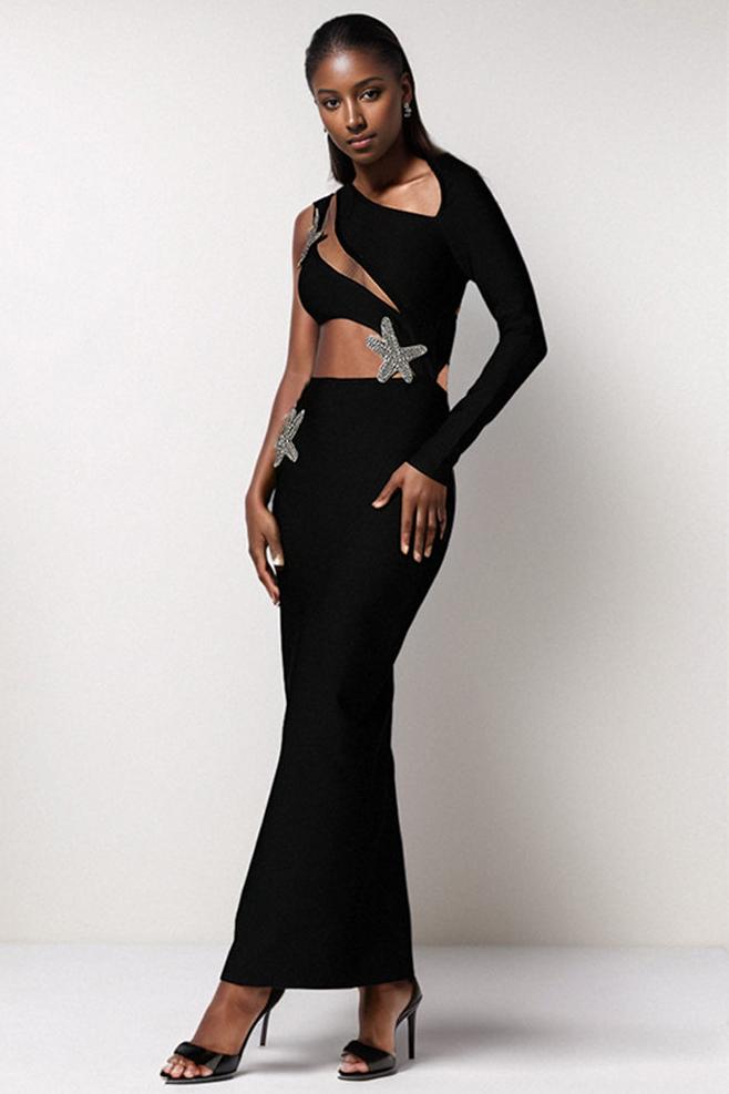 Rhinestone Starfish Cut Out One Long Sleeve Maxi Dress