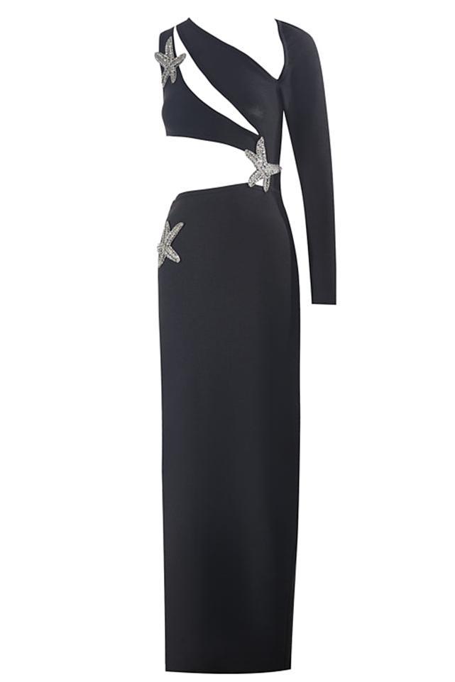 Rhinestone Starfish Cut Out One Long Sleeve Maxi Dress