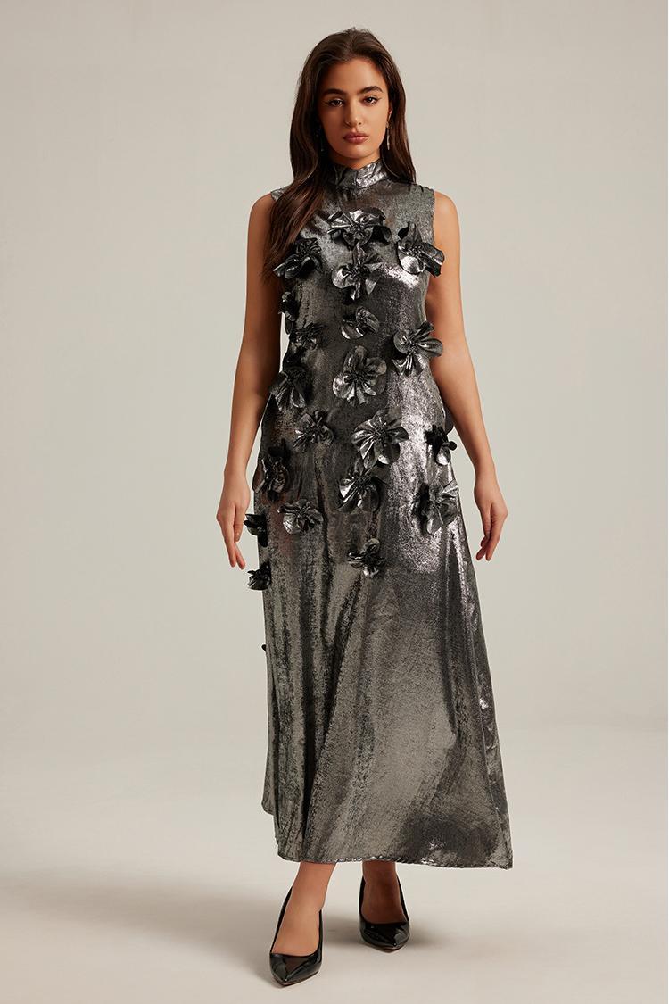 Metallic Fabric 3D Flower Sleeveless Midi Dress