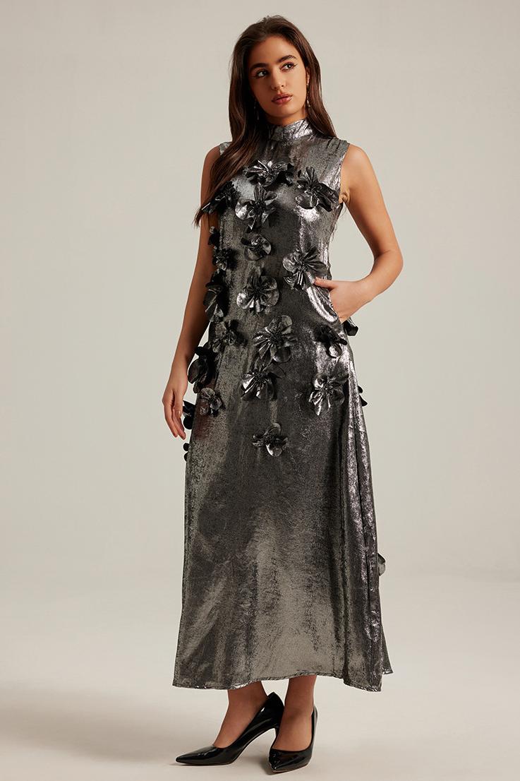 Metallic Fabric 3D Flower Sleeveless Midi Dress