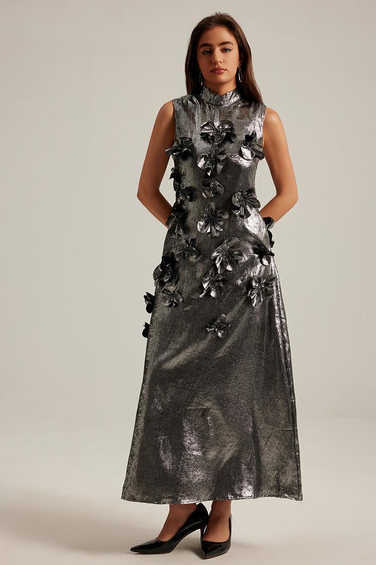 Metallic Fabric 3D Flower Sleeveless Midi Dress