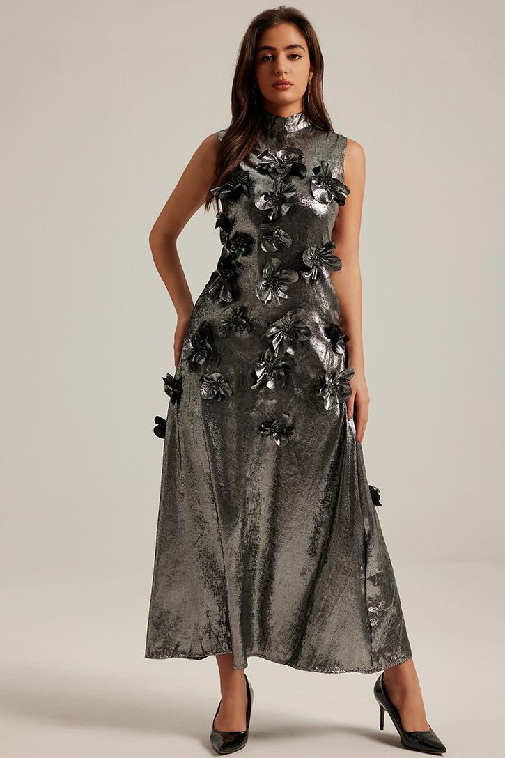 Metallic Fabric 3D Flower Sleeveless Midi Dress