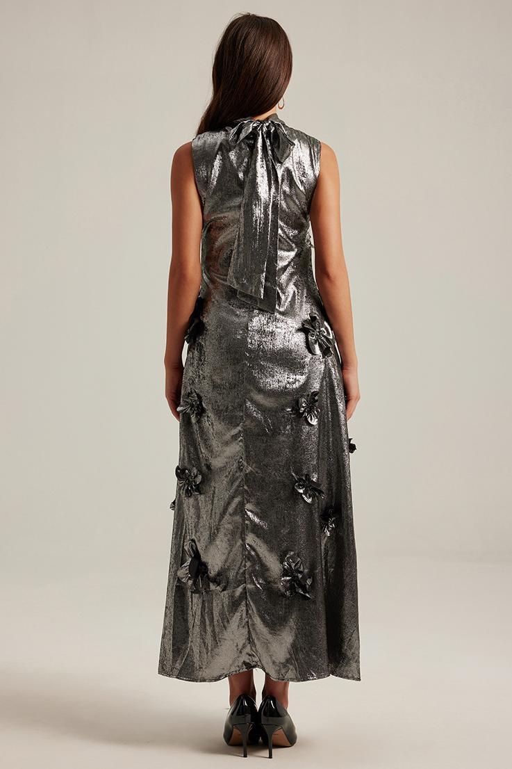 Metallic Fabric 3D Flower Sleeveless Midi Dress