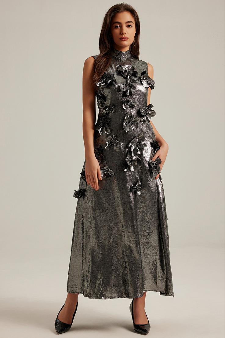Metallic Fabric 3D Flower Sleeveless Midi Dress