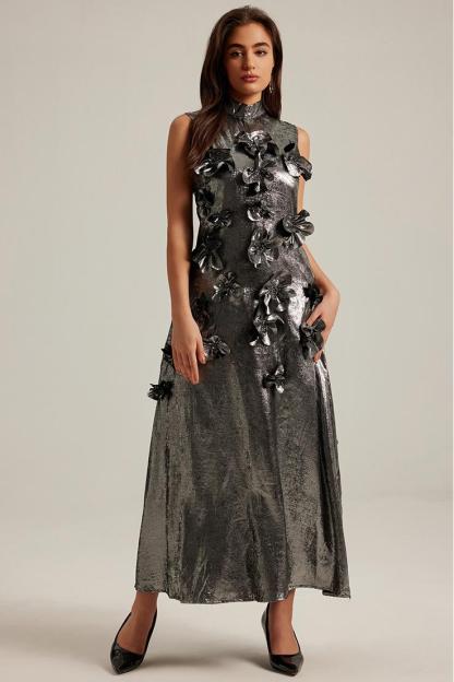 Metallic Fabric 3D Flower Sleeveless Midi Dress