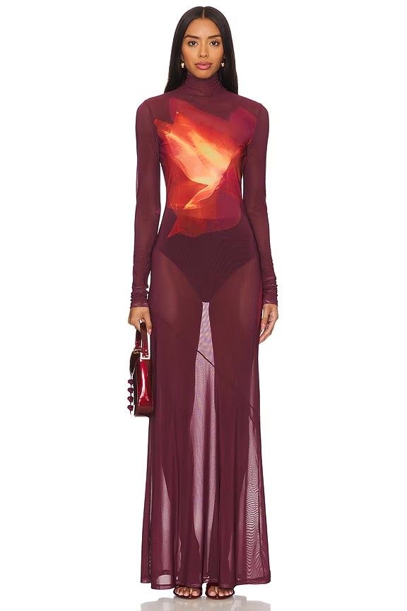 Floral Mesh Long Sleeve High Neck Maxi Dress