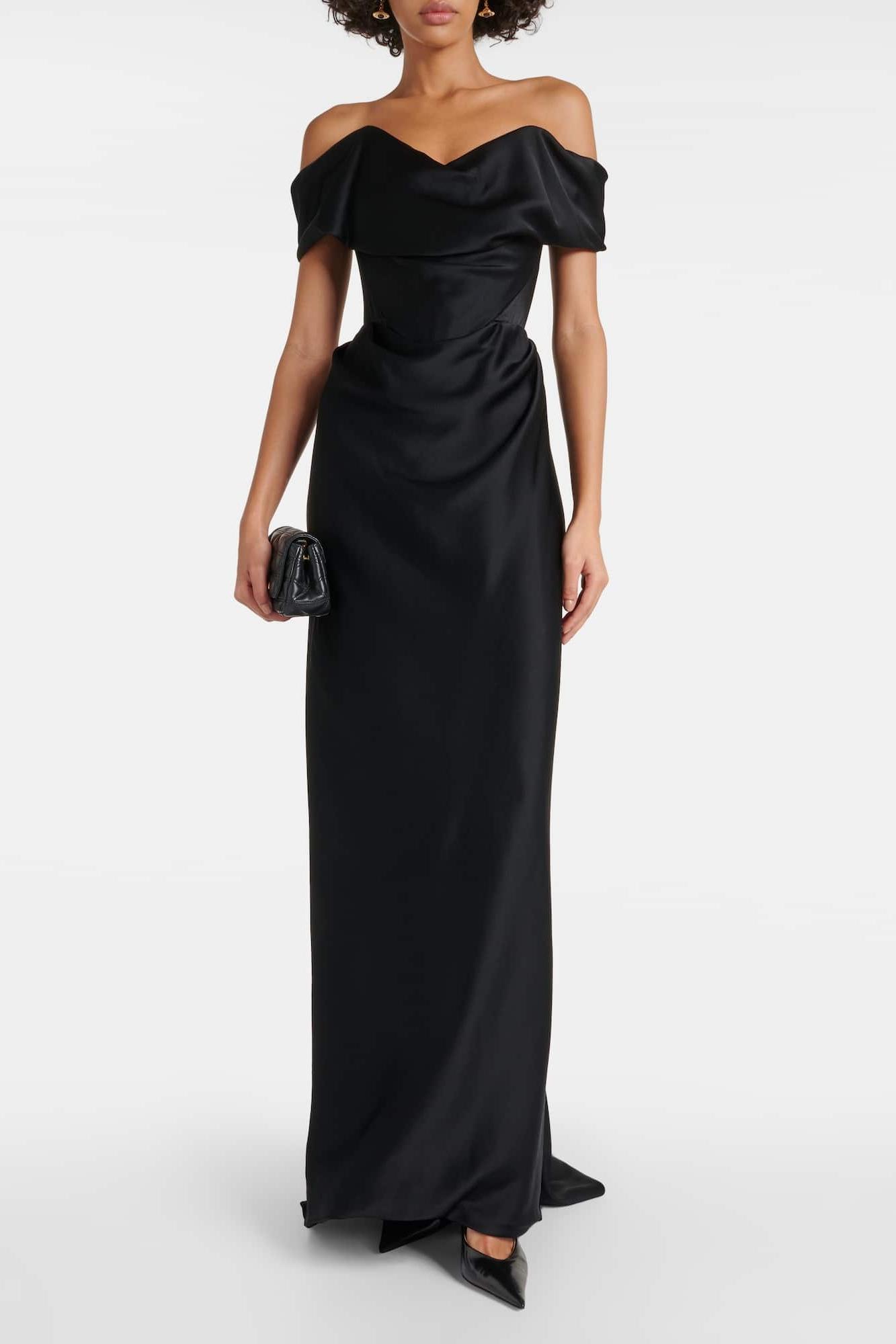 Satin Off-Shoulder Solid Maxi Dress