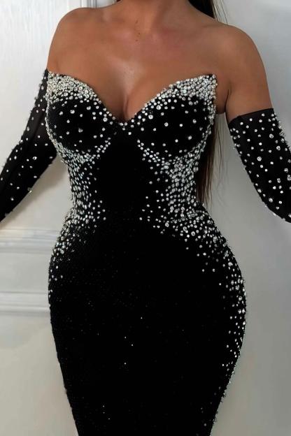 Faux Pearl Off-Shoulder With Gloves Midi Dress