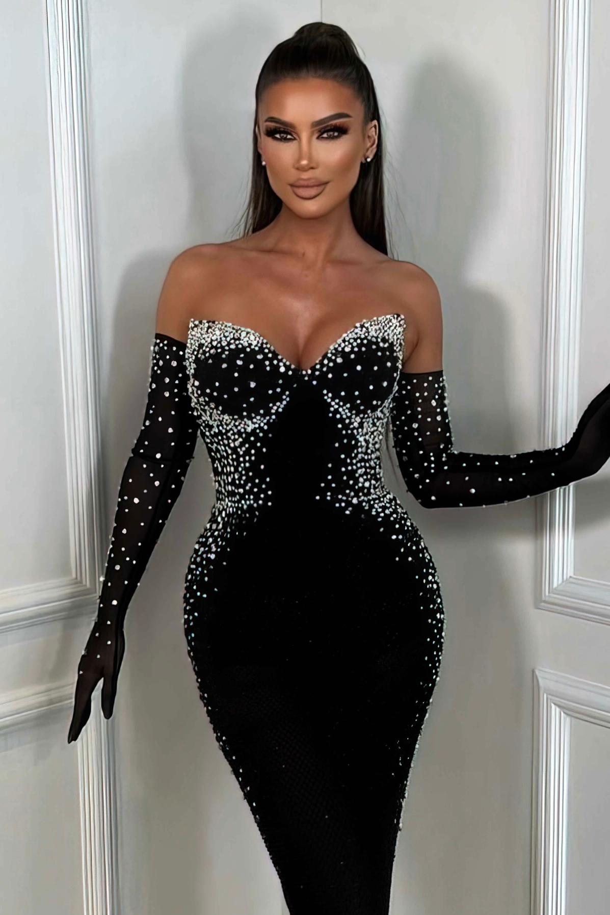 Faux Pearl Off-Shoulder With Gloves Midi Dress