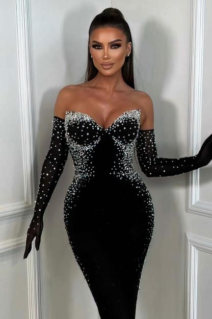 Faux Pearl Off-Shoulder With Gloves Midi Dress