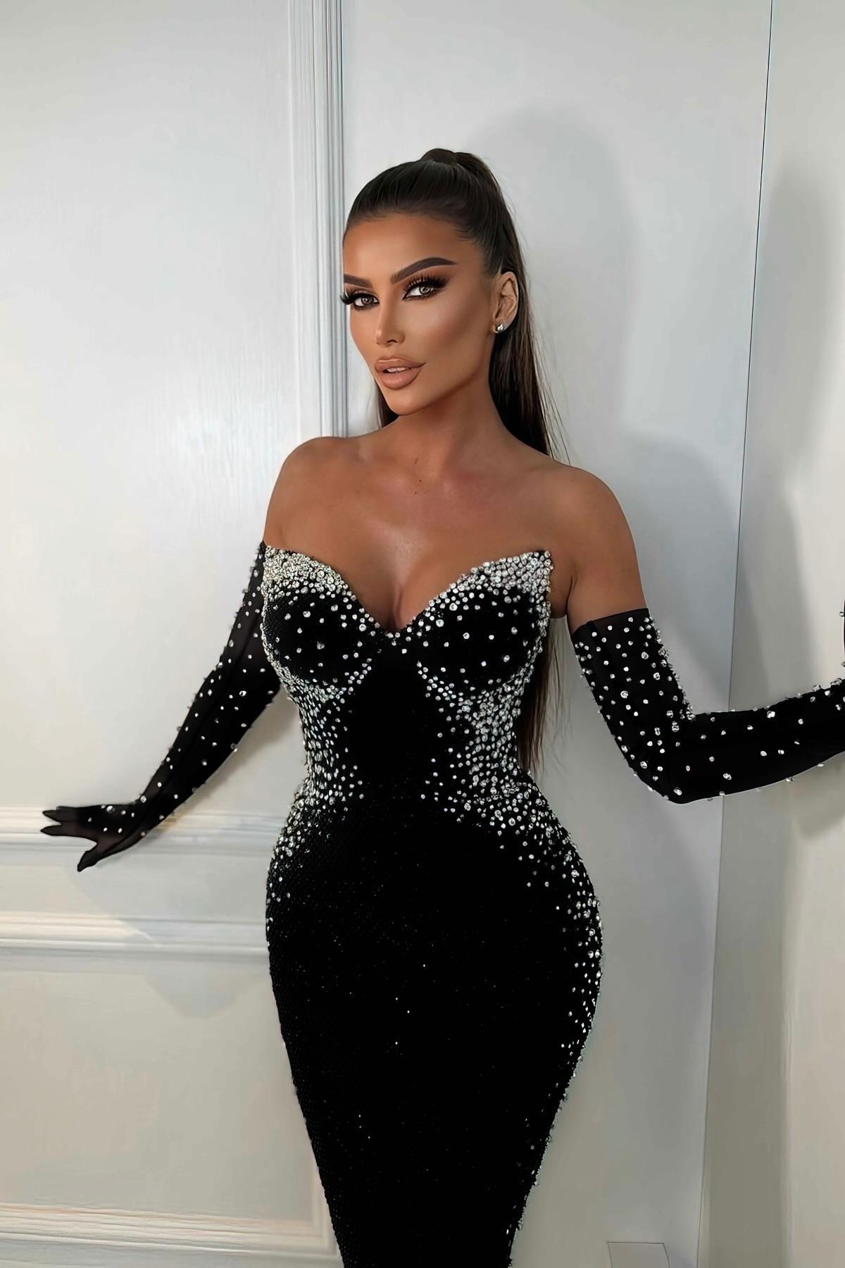 Faux Pearl Off-Shoulder With Gloves Midi Dress