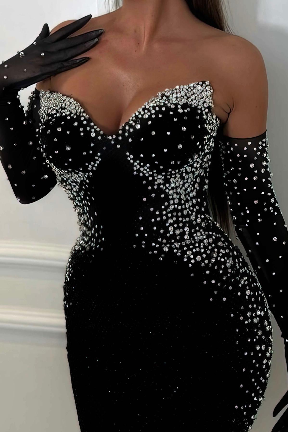 Faux Pearl Off-Shoulder With Gloves Midi Dress