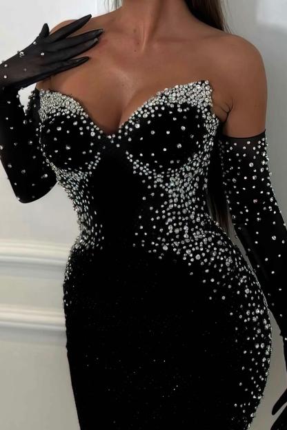 Faux Pearl Off-Shoulder With Gloves Midi Dress