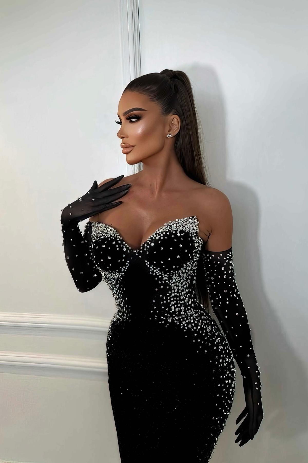 Faux Pearl Off-Shoulder With Gloves Midi Dress