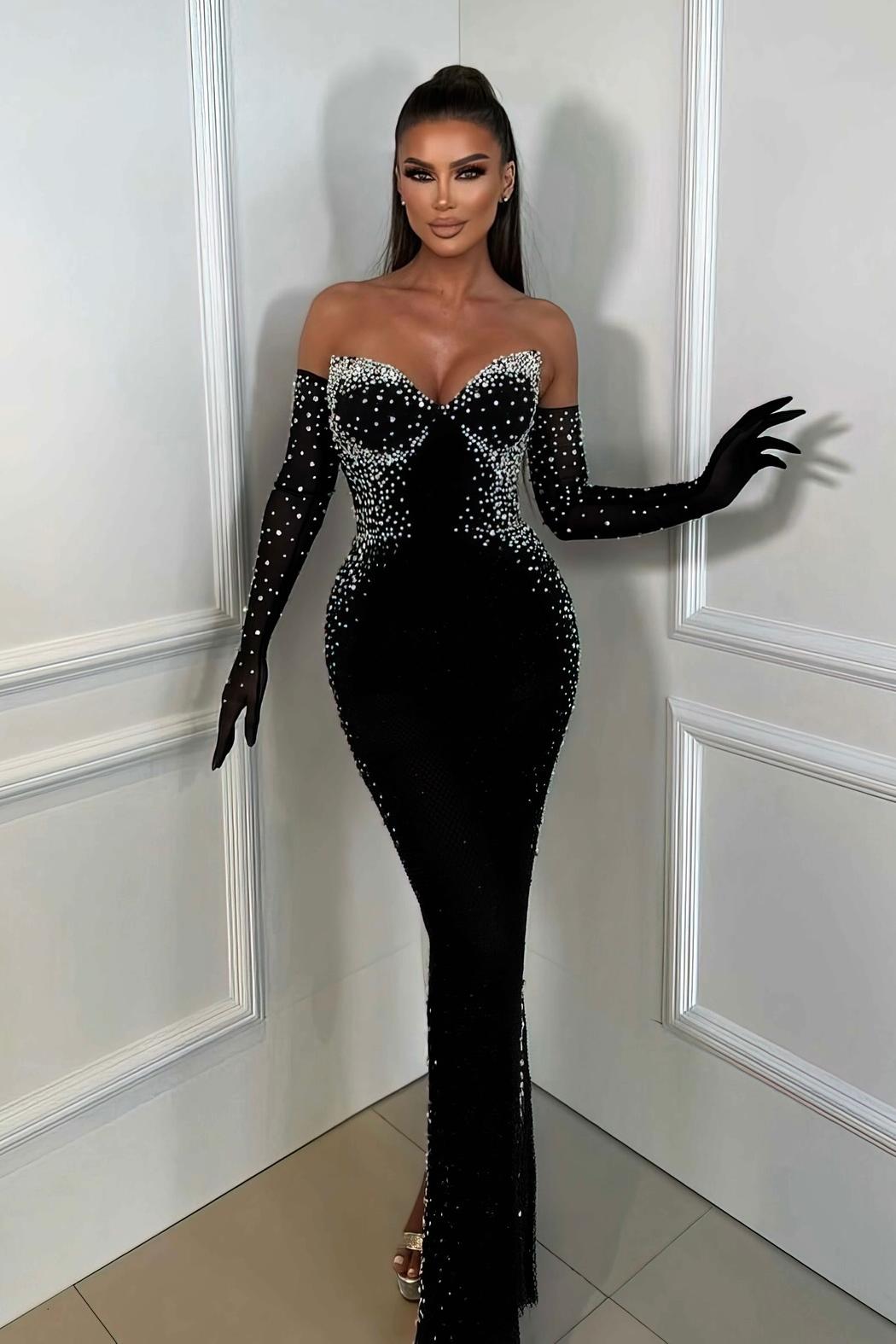 Faux Pearl Off-Shoulder With Gloves Midi Dress