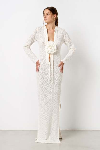 Long Sleeve Lace 3D Flower Maxi Dress