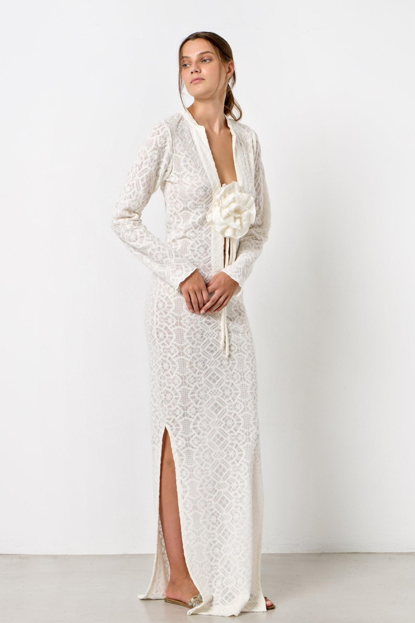 Long Sleeve Lace 3D Flower Maxi Dress