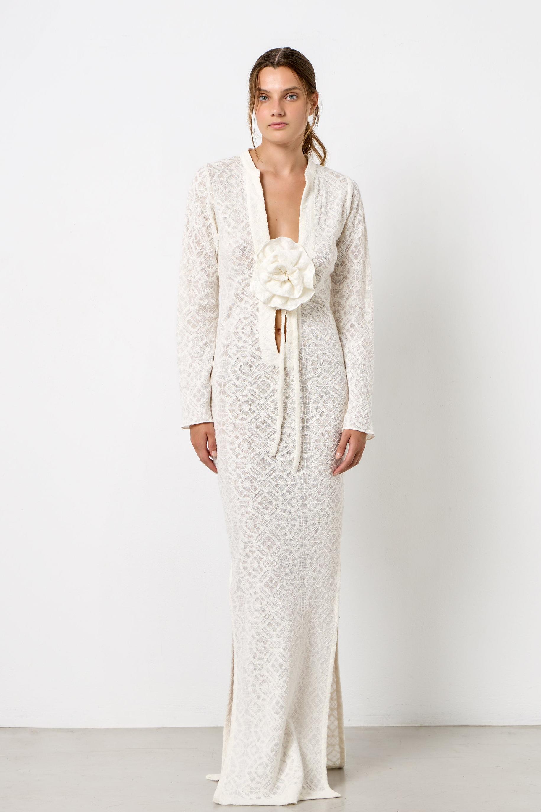 Long Sleeve Lace 3D Flower Maxi Dress