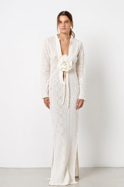 Long Sleeve Lace 3D Flower Maxi Dress