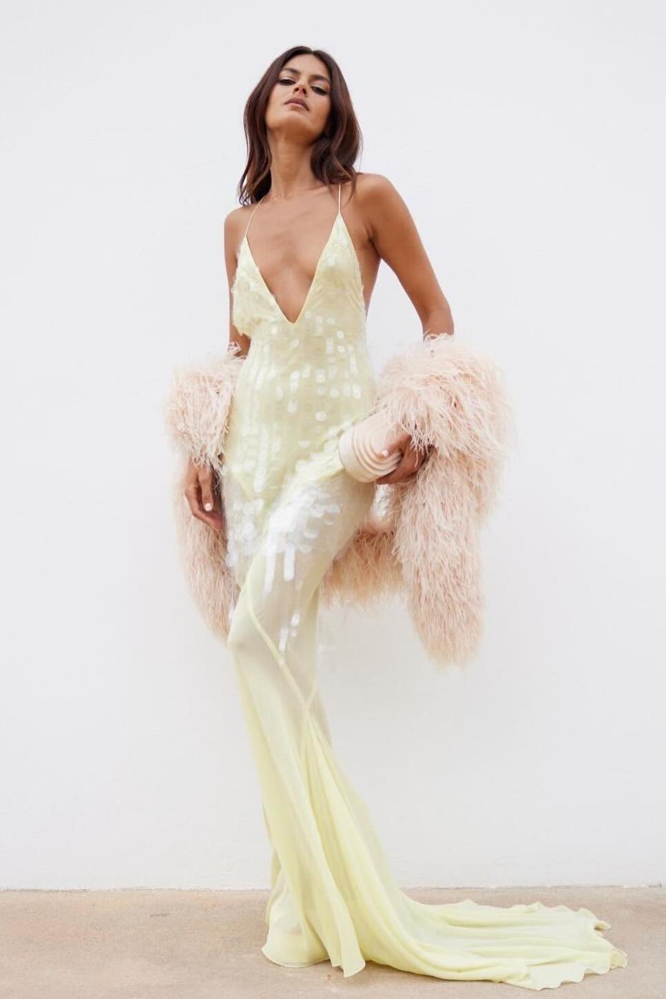 Sequin V-Neck Mesh Sleeveless Maxi Dress