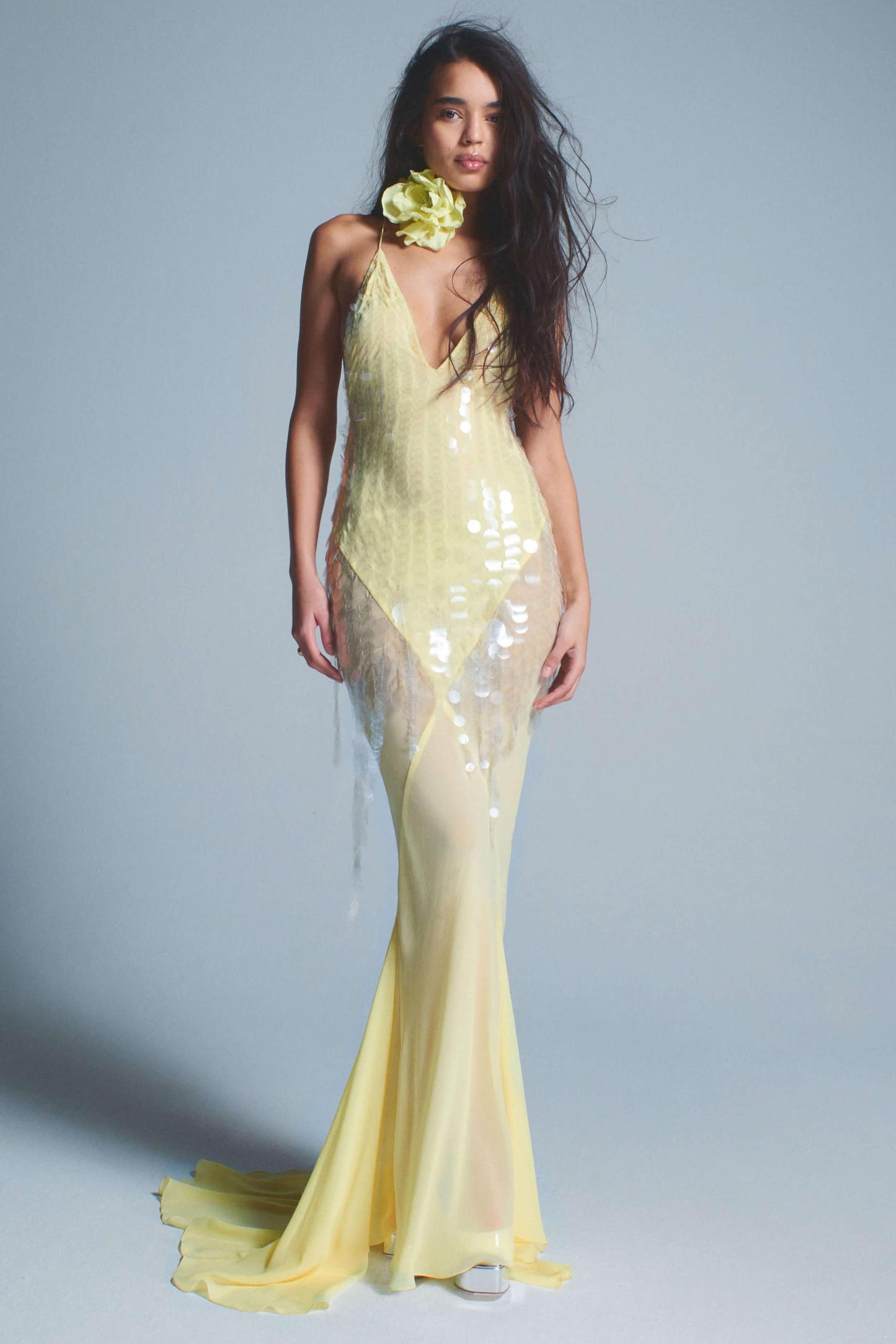 Sequin V-Neck Mesh Sleeveless Maxi Dress