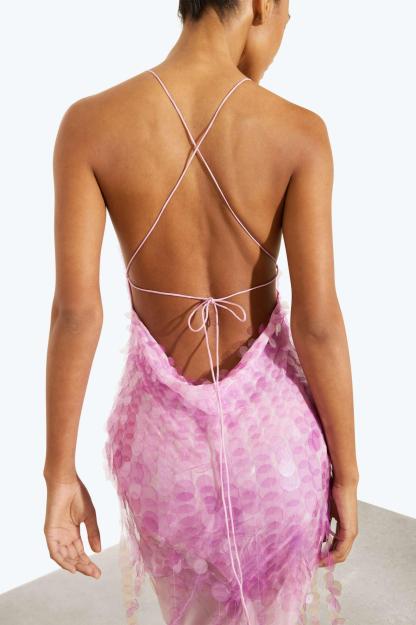 Sequin V-Neck Mesh Sleeveless Maxi Dress