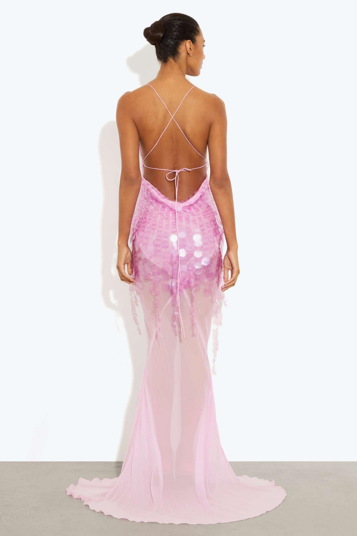 Sequin V-Neck Mesh Sleeveless Maxi Dress