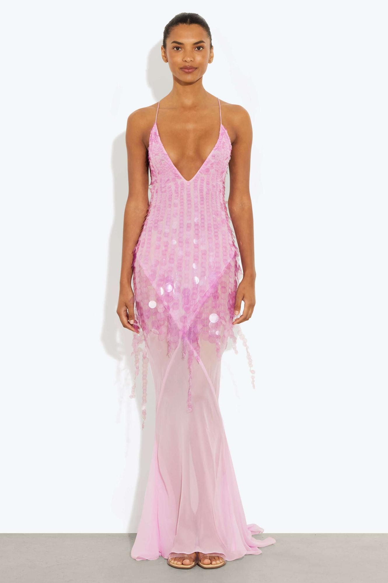 Sequin V-Neck Mesh Sleeveless Maxi Dress