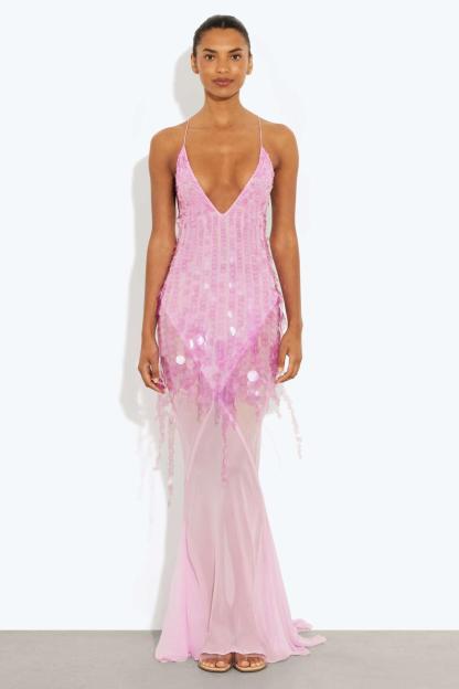 Sequin V-Neck Mesh Sleeveless Maxi Dress