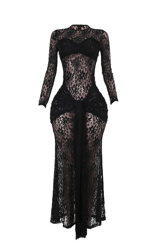 Solid Lace Long Sleeve Maxi Dress