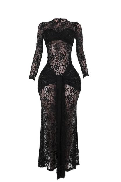 Solid Lace Long Sleeve Maxi Dress