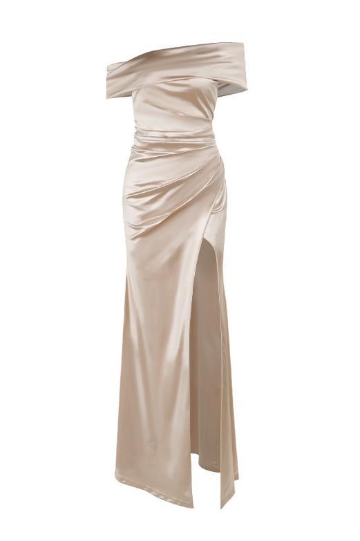 Satin Off Shoulder Split Maxi Dress