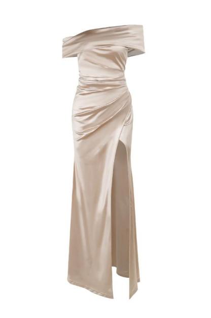 Satin Off Shoulder Split Maxi Dress
