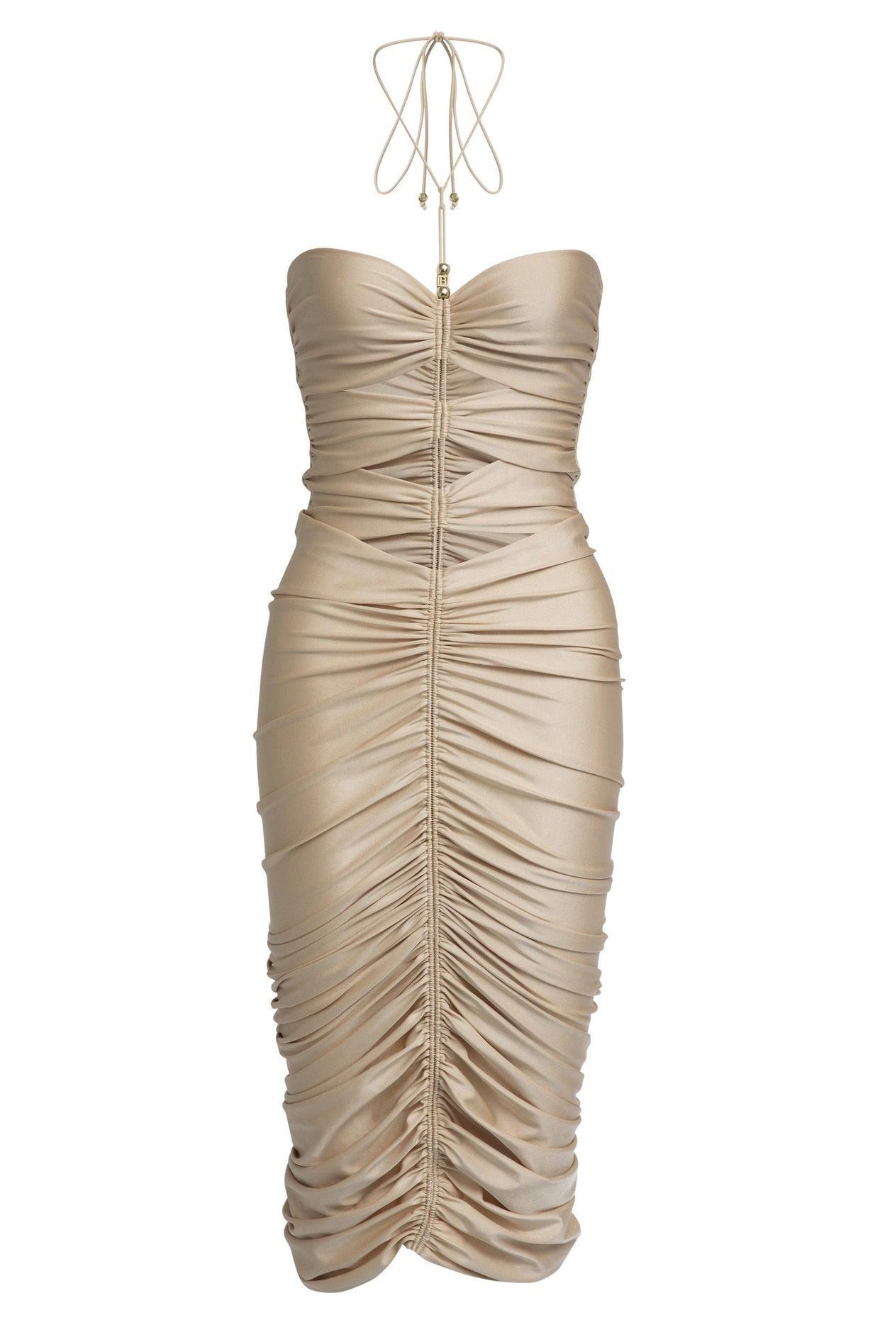 Solid Cut Out Halter Neck Midi Dress