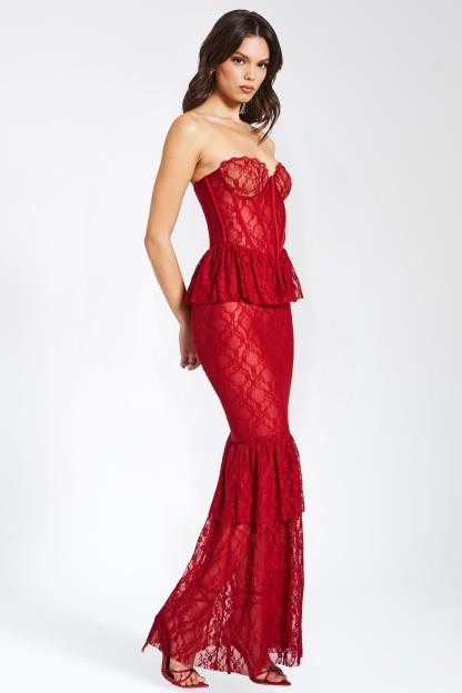 Solid Lace Strapless Frill Fishtail Midi Dress