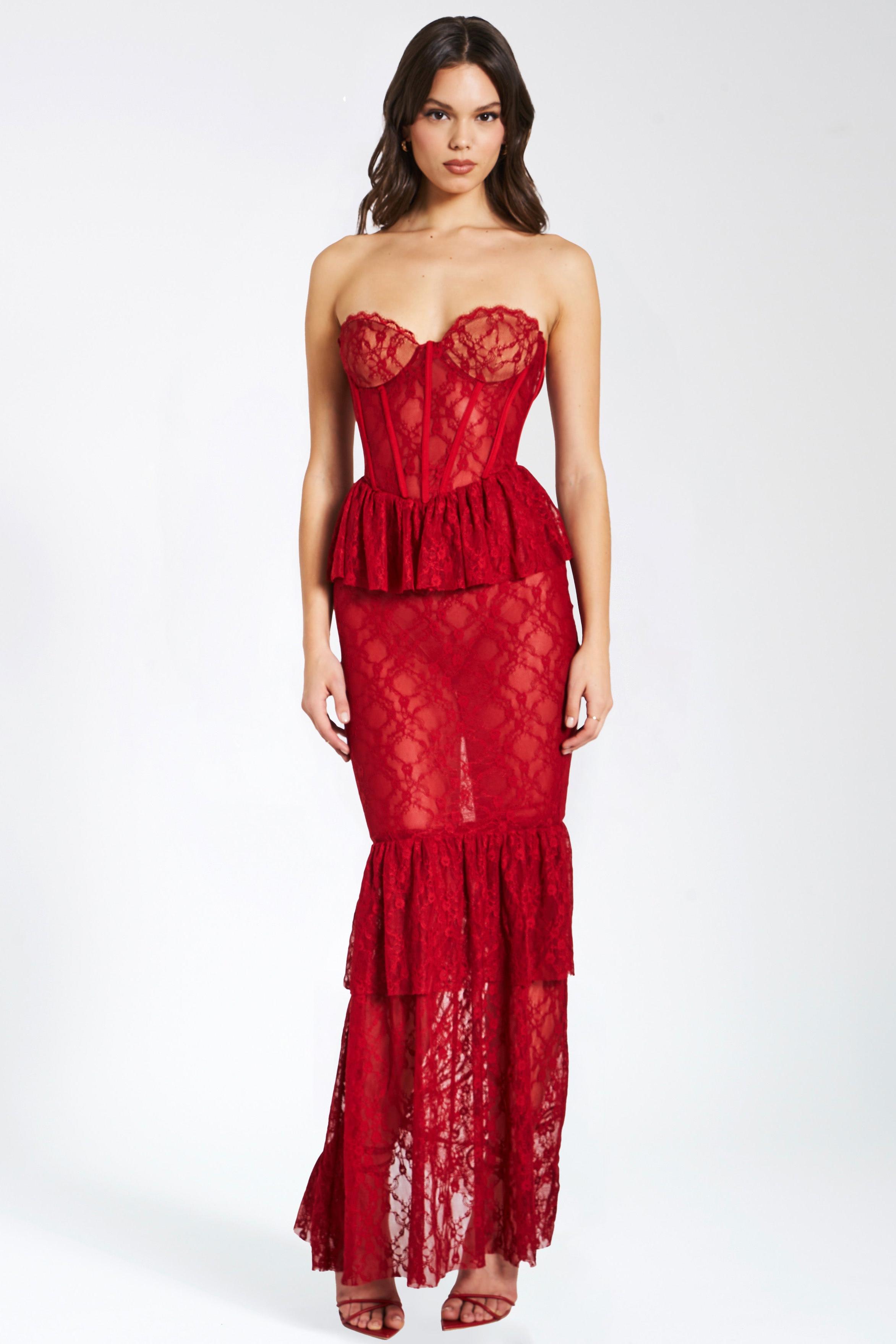 Solid Lace Strapless Frill Fishtail Midi Dress