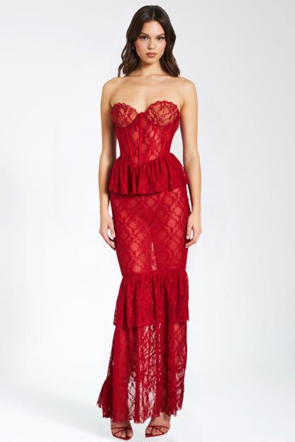 Solid Lace Strapless Frill Fishtail Midi Dress