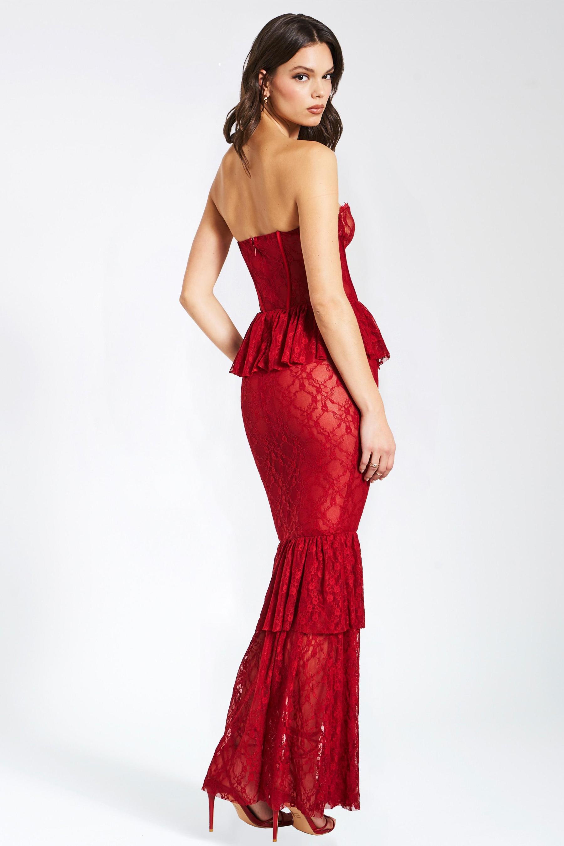 Solid Lace Strapless Frill Fishtail Midi Dress