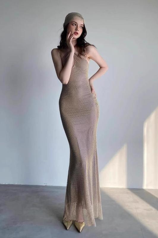 3D Flower Rhinestone Lace Up Maxi Dress