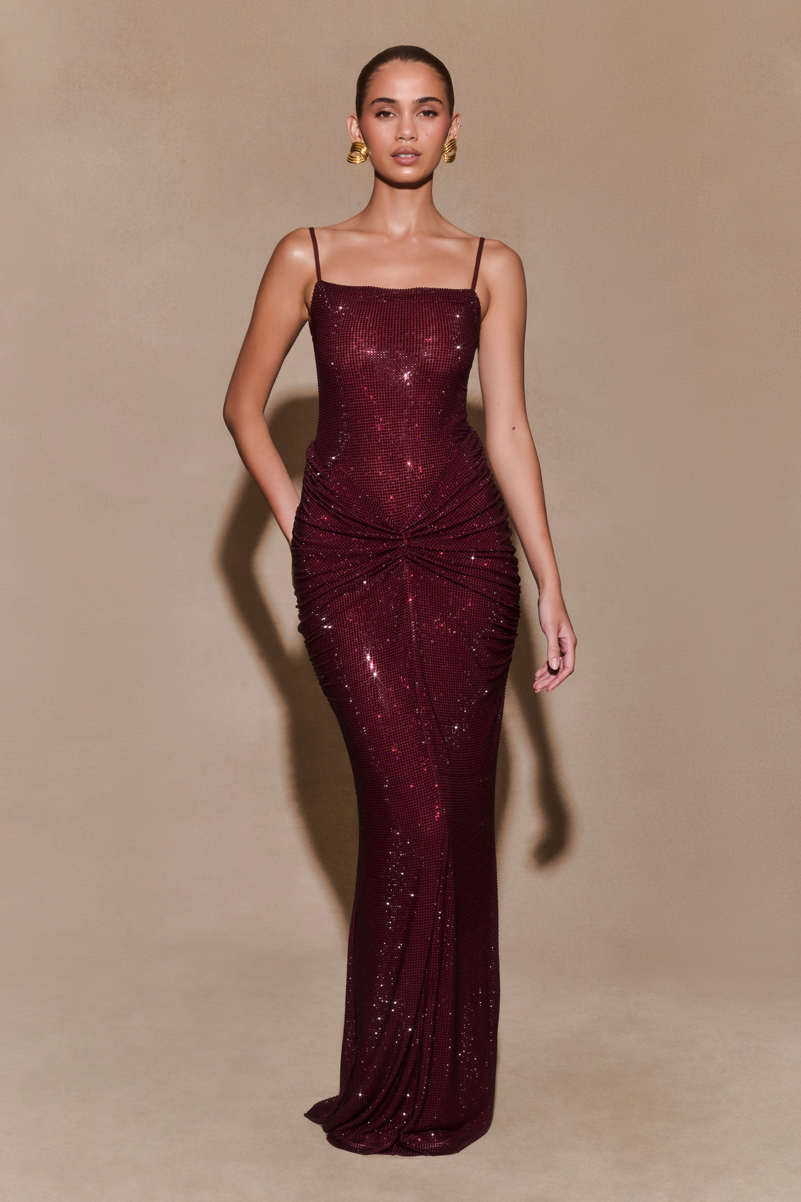 Rhinestone Shirring Sleeveless Maxi Dress