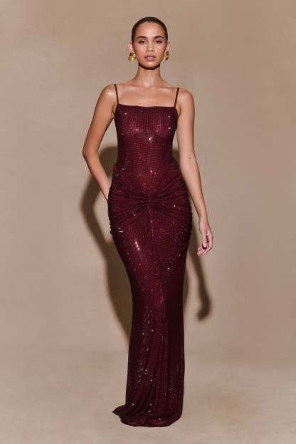 Rhinestone Shirring Sleeveless Maxi Dress