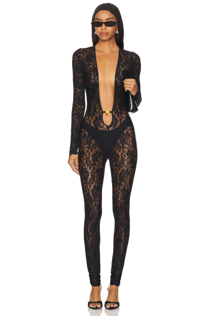 Lace Deep V-Neck Long Sleeve Jumpsuit
