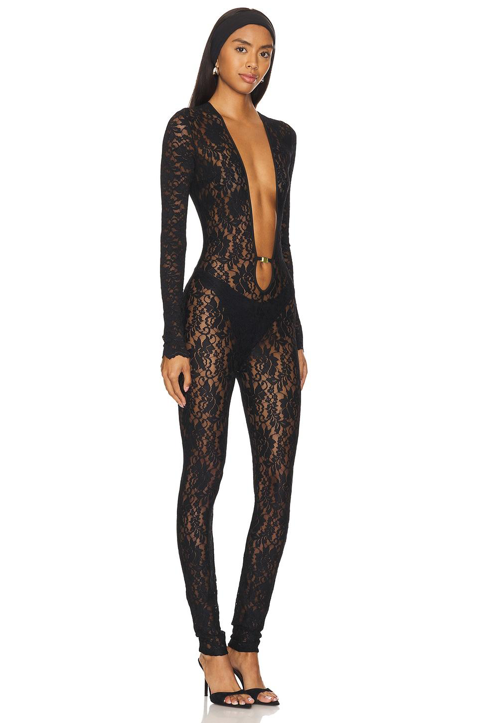 Lace Deep V-Neck Long Sleeve Jumpsuit