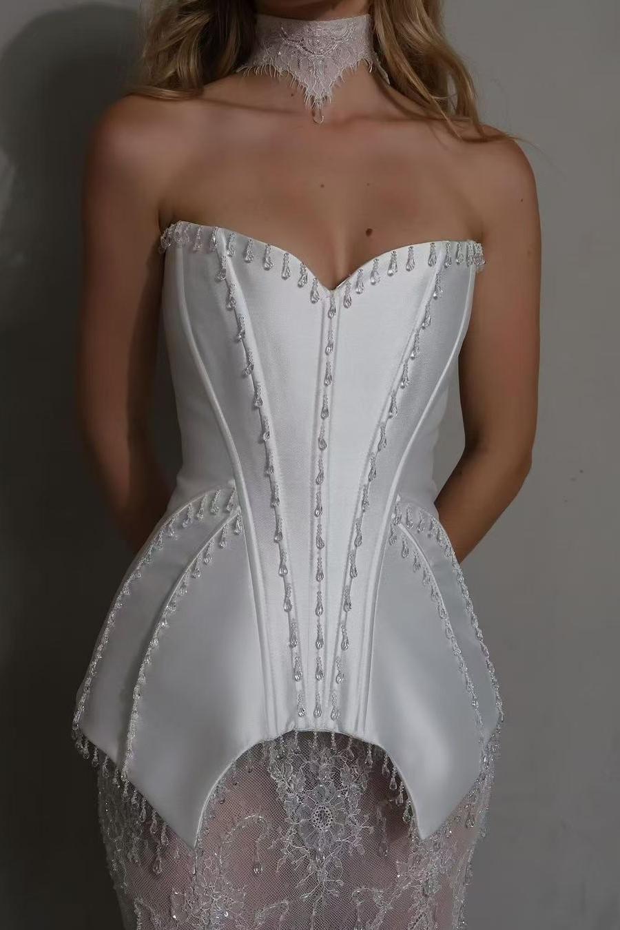 Rhinestone Off Shoulder Top & Lace High Waist Midi Skirt Set