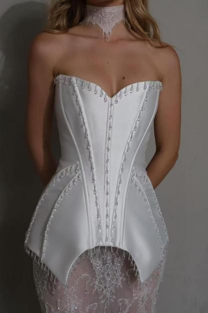 Rhinestone Off Shoulder Top & Lace High Waist Midi Skirt Set