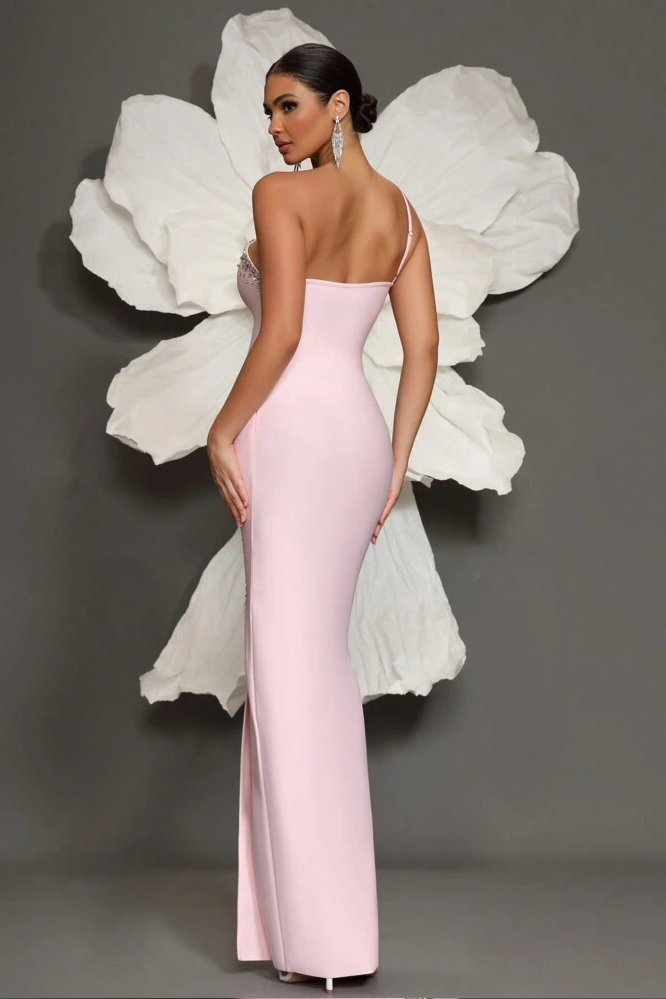 Rhinestone Bandage One Shoulder Slit Midi Dress