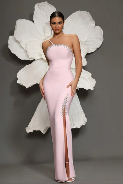 Rhinestone Bandage One Shoulder Slit Midi Dress