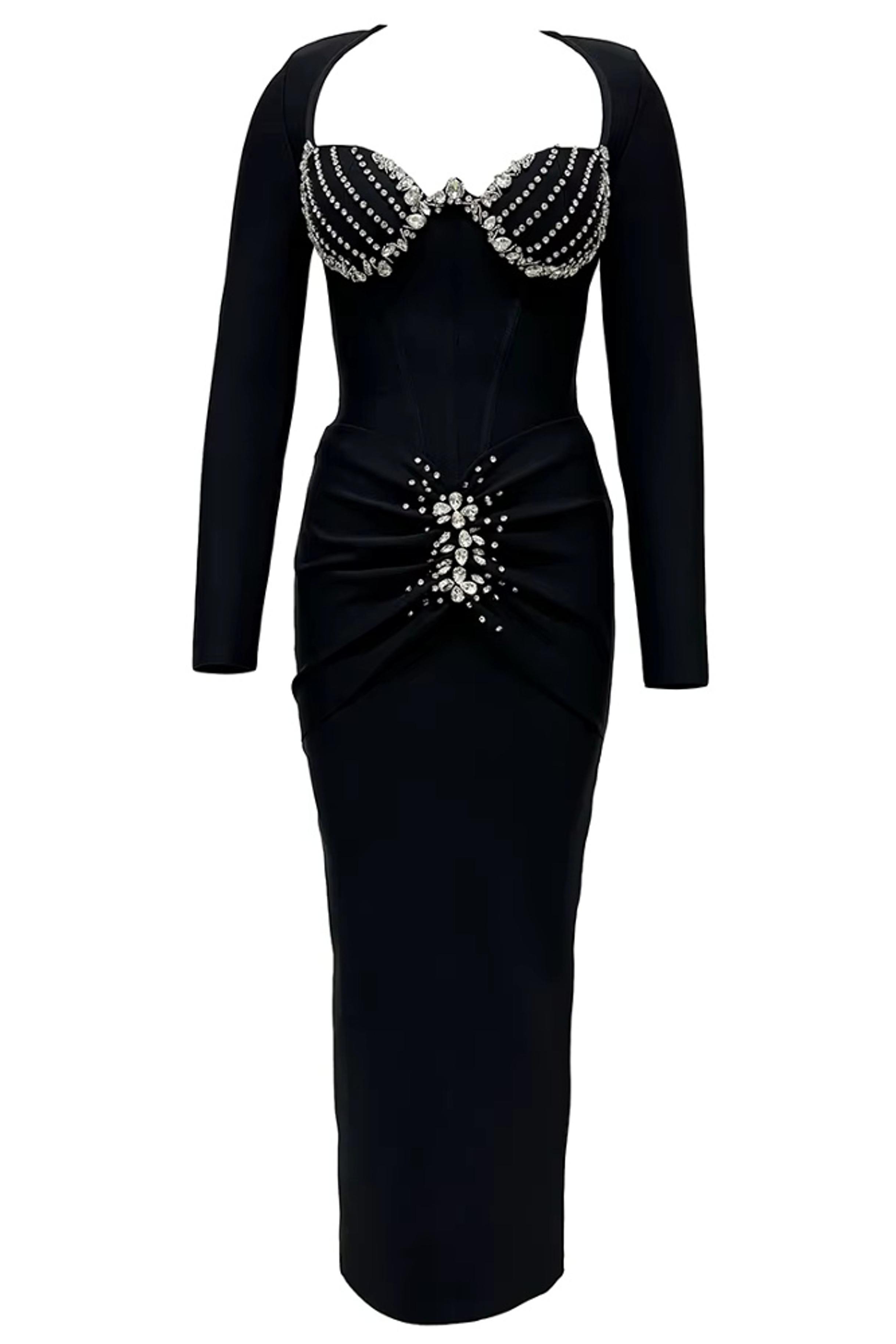 Rhinestone Bandage Long Sleeve Maxi Dress