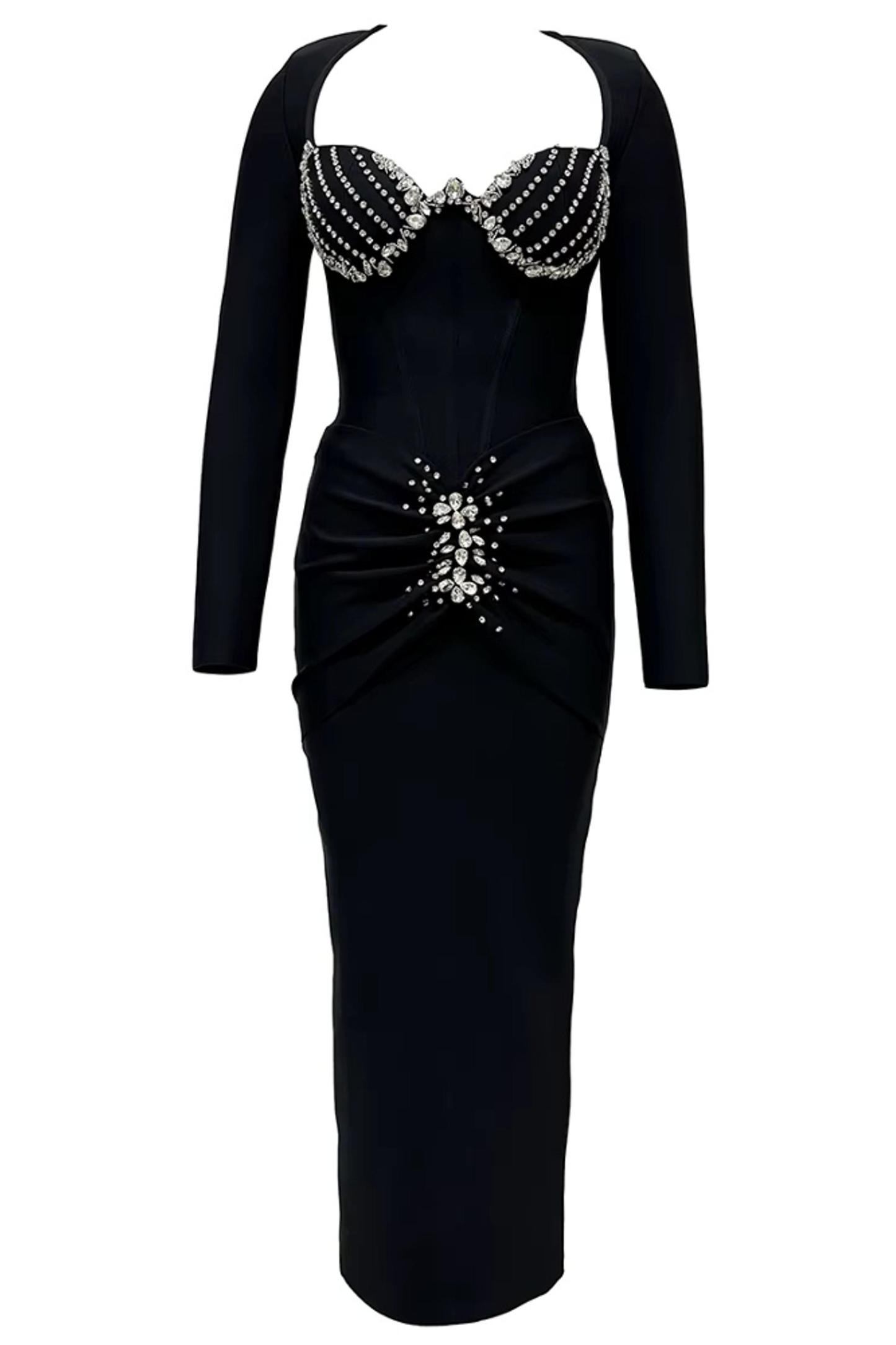 Rhinestone Bandage Long Sleeve Maxi Dress